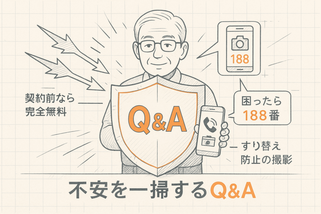Q&Aの盾とスマホを持って契約の不安から身を守る男性のイラスト