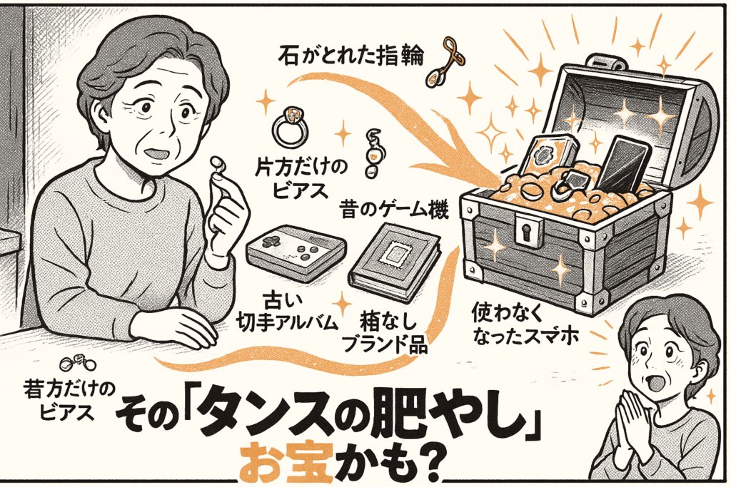 石のとれた指輪や古いスマホなどタンスの肥やしがお宝になることを表すイラスト
