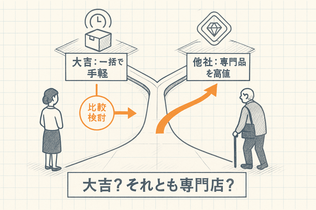 買取で一括で手軽な大吉と専門品を高値で売れる専門店を比較検討しているイラスト