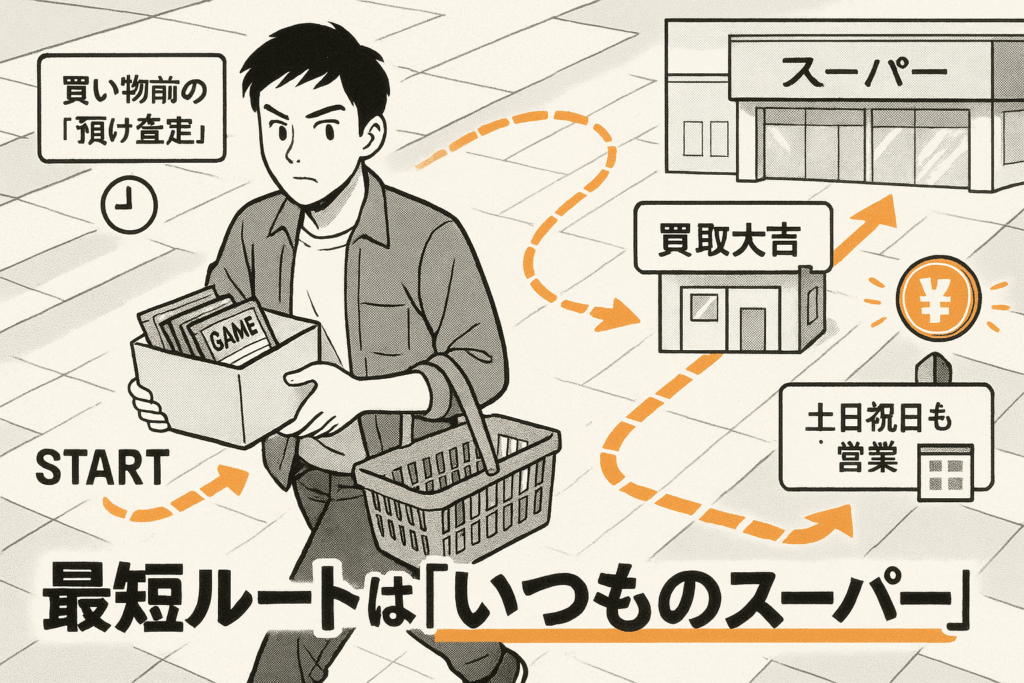 スーパーへ買い物に行く前にゲームを買取店で査定してもらう男性のイラスト