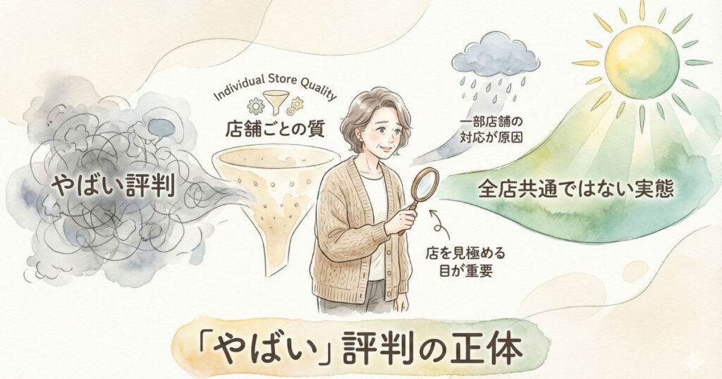 やばい評判の正体は一部店舗の対応が原因であり店舗ごとの質を見極める目が重要であることを解説した図解