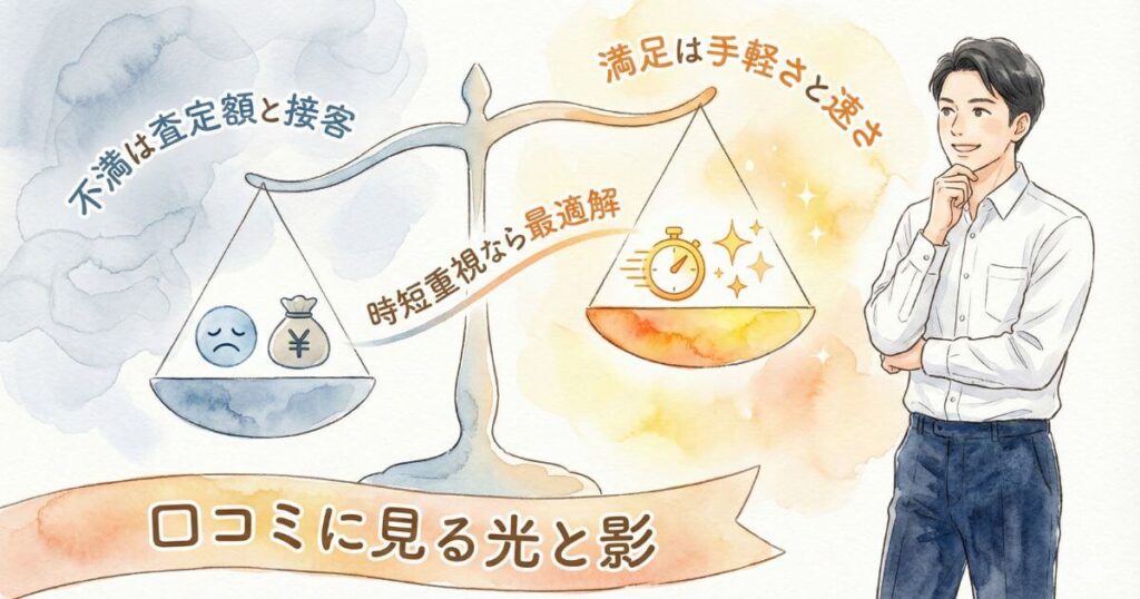 口コミに見る光と影というテーマで天秤を使いサービスの評価を比較しているイラスト 左側の不満要素は査定額と接客 右側の満足要素は手軽さと速さであり時短重視なら最適解とされている