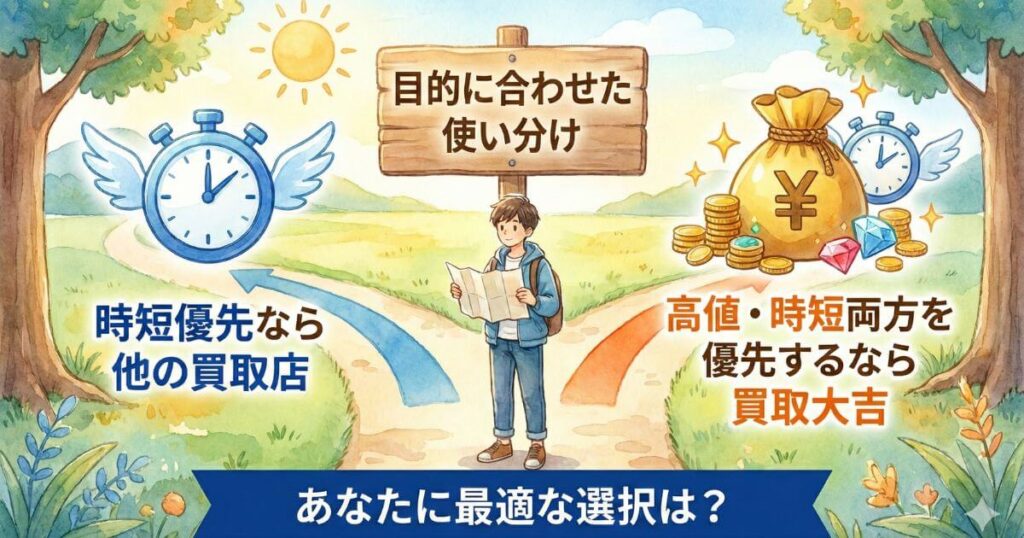 目的に合わせた使い分けの看板の下で地図を持つ男性が時短優先なら他の買取店または高値と時短両方を優先するなら買取大吉への分かれ道に立っておりあなたに最適な選択はと問いかけているイラスト