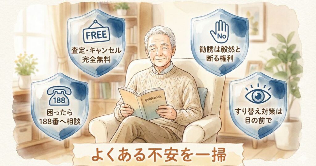 ソファで本を読む笑顔の高齢男性とよくある不安を一掃する4つのポイント 査定とキャンセル完全無料 困ったら188番へ相談 勧誘は毅然と断る権利 すり替え対策は目の前で