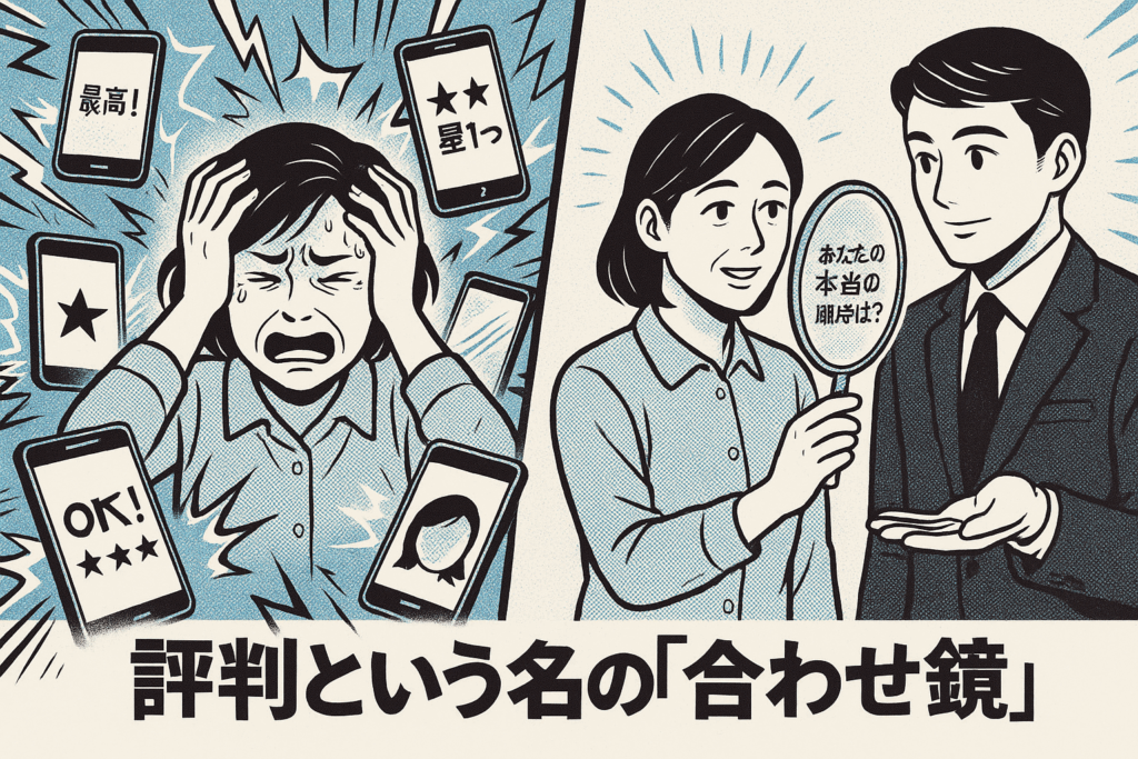 ネットの評判に苦しむ女性がスーツの男性から本当の顔はと書かれた手鏡を渡されるイラスト