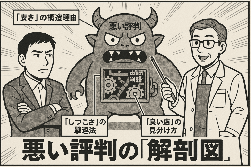 悪い評判を鬼に例えて専門家がその構造を解説しているイラスト