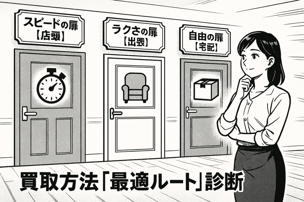 店頭 出張 宅配の3つの買取方法のドアからどれを選ぶか考えている女性