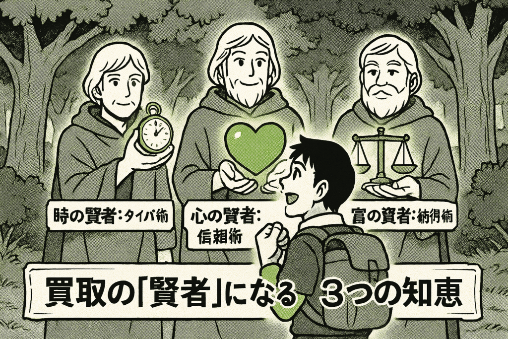 少年が時間と心と富をあらわす3人の賢者から買取の知恵を教わるイラスト