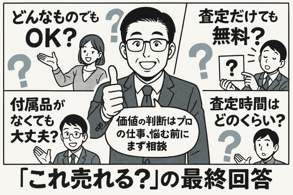 買取査定の疑問 どんなものでもOK 査定は無料 付属品がなくても大丈夫といった質問に専門家が答える様子