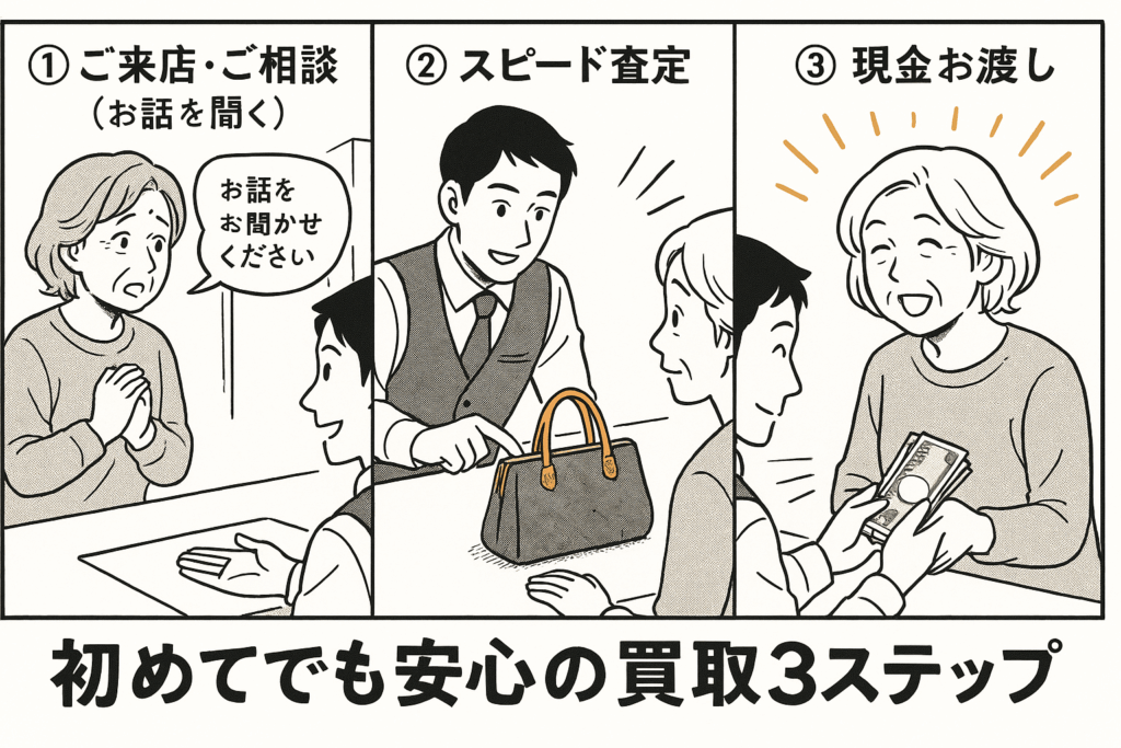 初めてでも安心の買取3ステップのイラスト 来店相談 スピード査定 現金お渡し