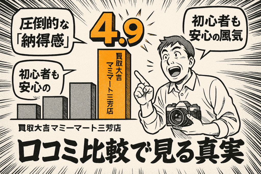 カメラを持った男性が買取大吉マミーマート三芳店の口コミ評価4.9を示すグラフに驚いているイラスト