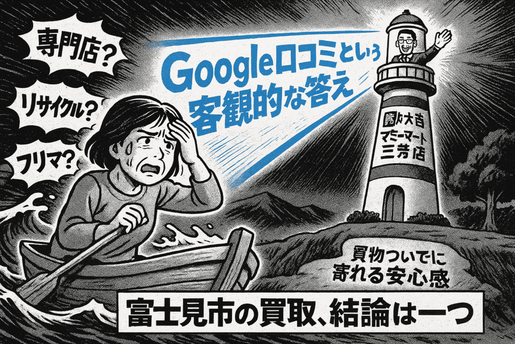 不用品の売り方に悩む女性を、買取大吉の灯台がGoogle口コミの光で導くイラスト