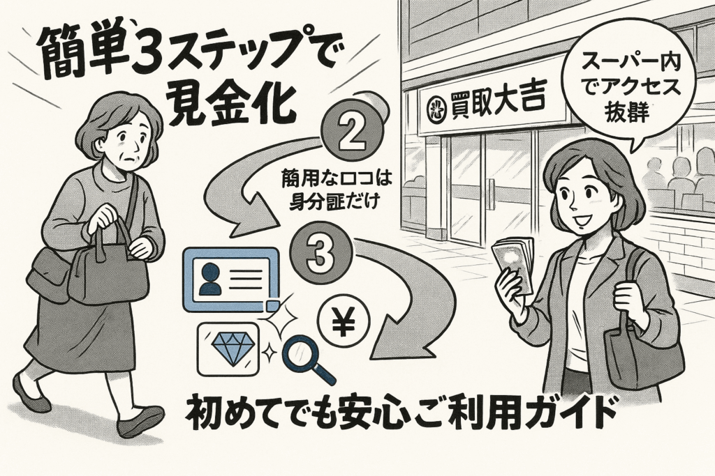 買取店で品物を現金に変える簡単な3つの手順を示したイラスト