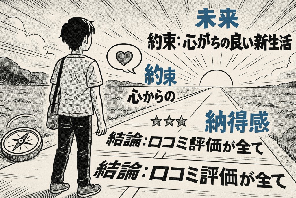 未来へ続く一本道に立つ男性と、口コミ評価の重要性を示す文字