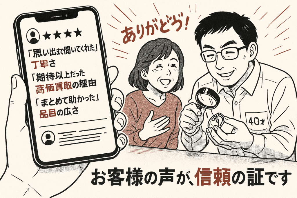 スマホの良い口コミと 笑顔で買取査定を受ける女性と鑑定する男性スタッフ