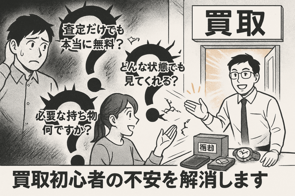 買取初心者の不安を店のスタッフが笑顔で解消しているイラスト