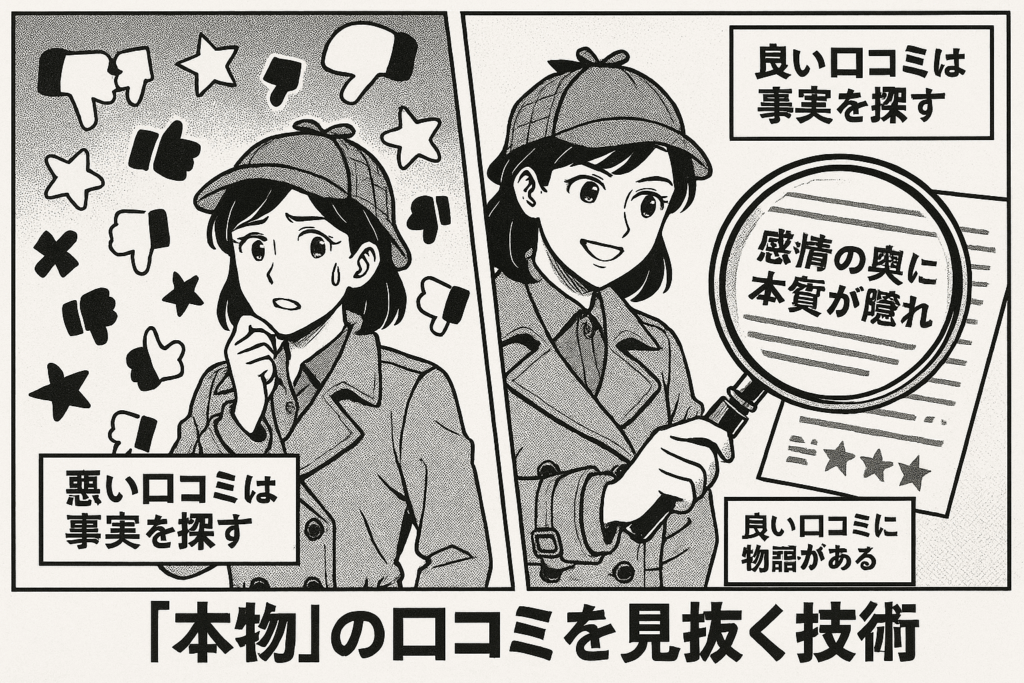 口コミに惑わされ困る女性と虫眼鏡でレビューの本質を見抜く女性のイラスト