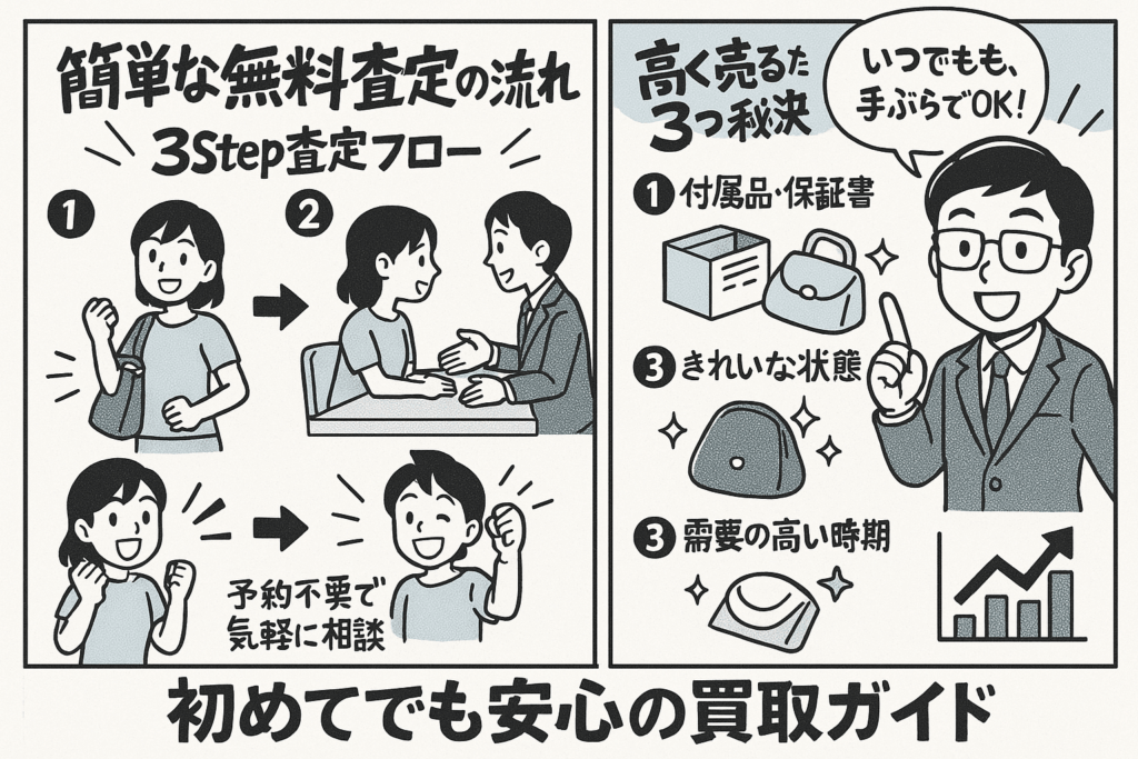 買取査定の簡単な流れと品物を高く売る3つのコツを解説するイラスト