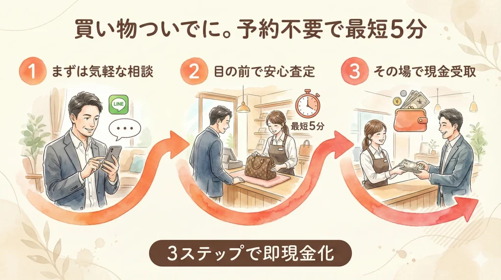 買い物ついでに予約不要で最短5分 1まずは気軽な相談 2目の前で安心査定 3その場で現金受取という3ステップで即現金化する手順