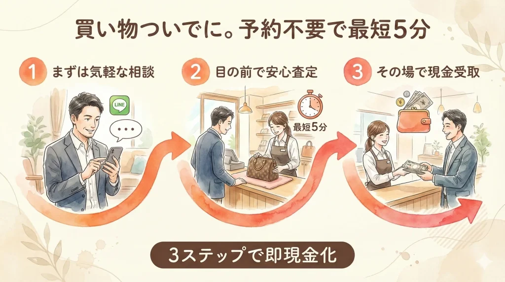 買い物ついでに予約不要で最短5分 1まずは気軽な相談 2目の前で安心査定 3その場で現金受取の3ステップで即現金化