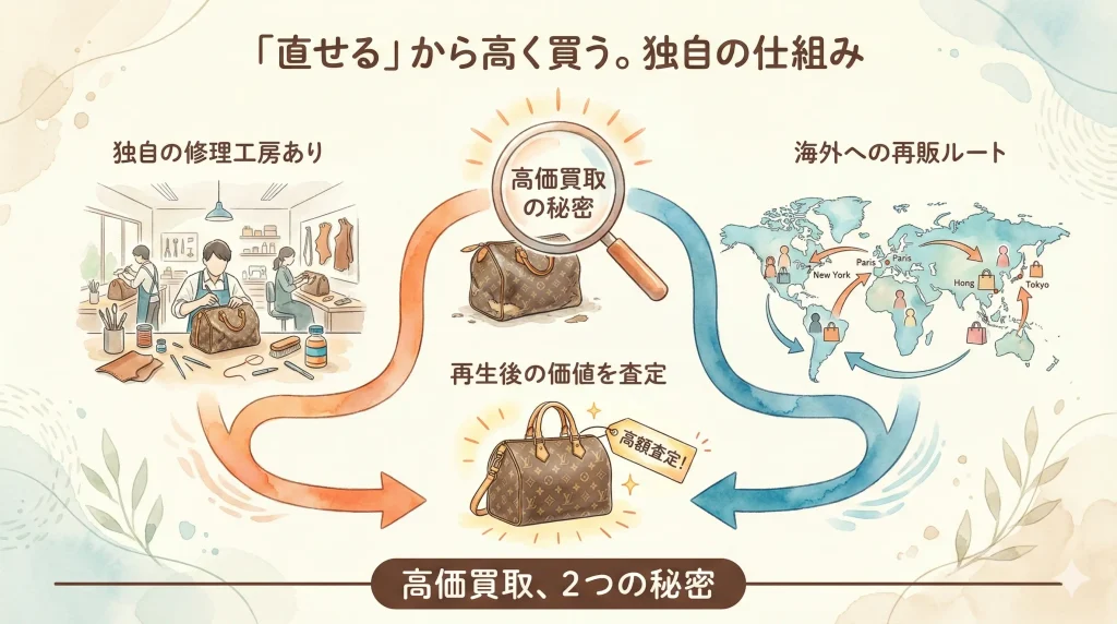 独自の修理工房での再生と海外への再販ルートという2つの秘密により直せるから高く買う独自の仕組みと高額査定の流れを解説した図