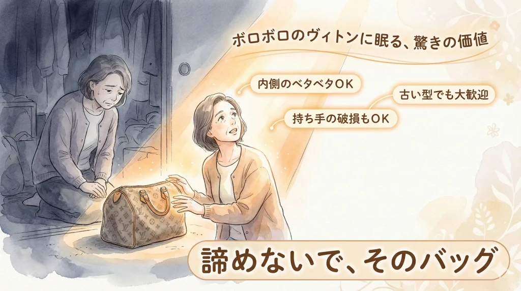 ボロボロのヴィトンに眠る驚きの価値と諦めないでそのバッグというメッセージと共に内側のベタベタや持ち手の破損や古い型でも大歓迎であることを伝える女性とルイ・ヴィトンのイラスト