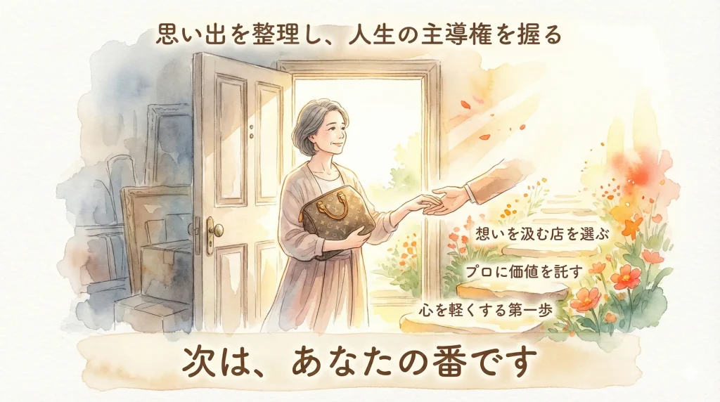 思い出を整理し人生の主導権を握るという言葉の下でブランドバッグを持った女性が玄関から光の差す外へ導かれる様子を描き、想いを汲む店を選びプロに価値を託すことで心を軽くする第一歩を踏み出し次はあなたの番ですと呼びかけるイラスト