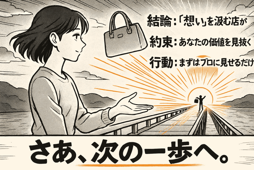 女性がハンドバッグを手放し、朝日が昇る道を進む人を見つめているイラスト