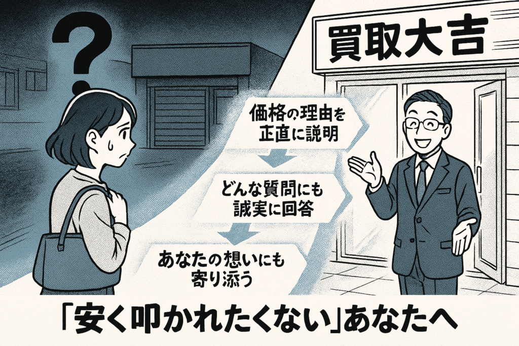 買取店に不安な女性と価格の理由を正直に説明する買取大吉の店員
