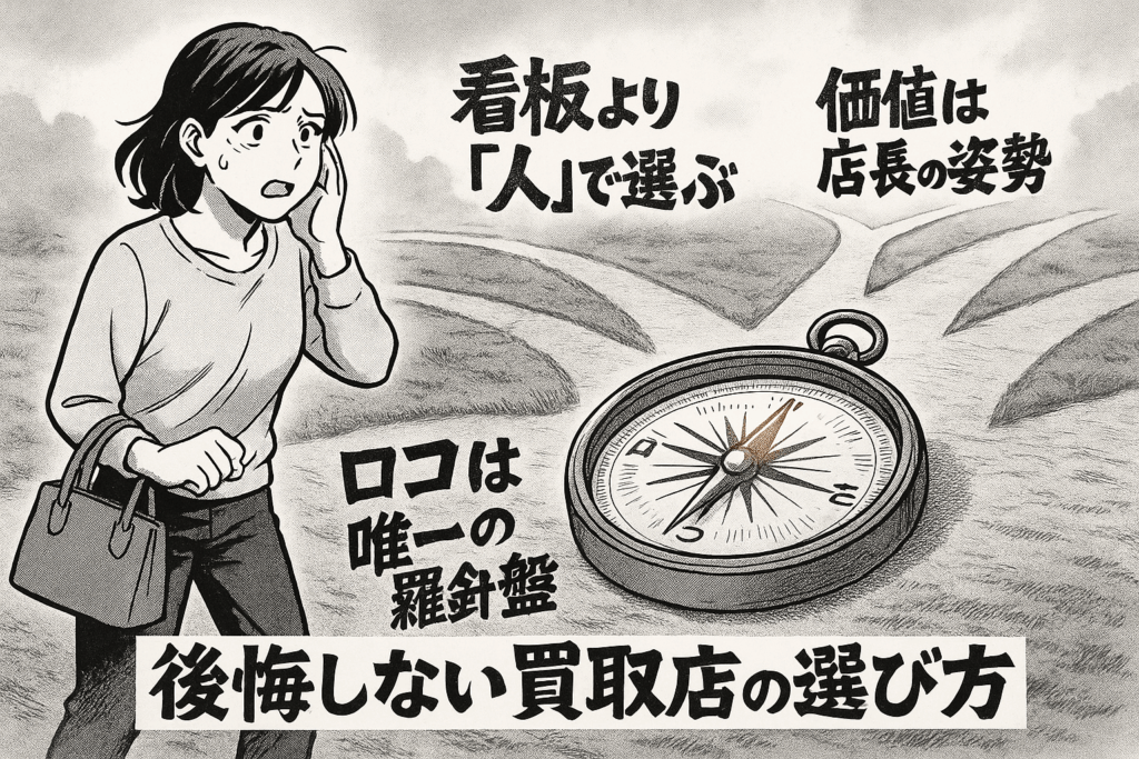 後悔しない買取店の選び方という文字と 分かれ道で迷う女性と方位磁針のイラスト