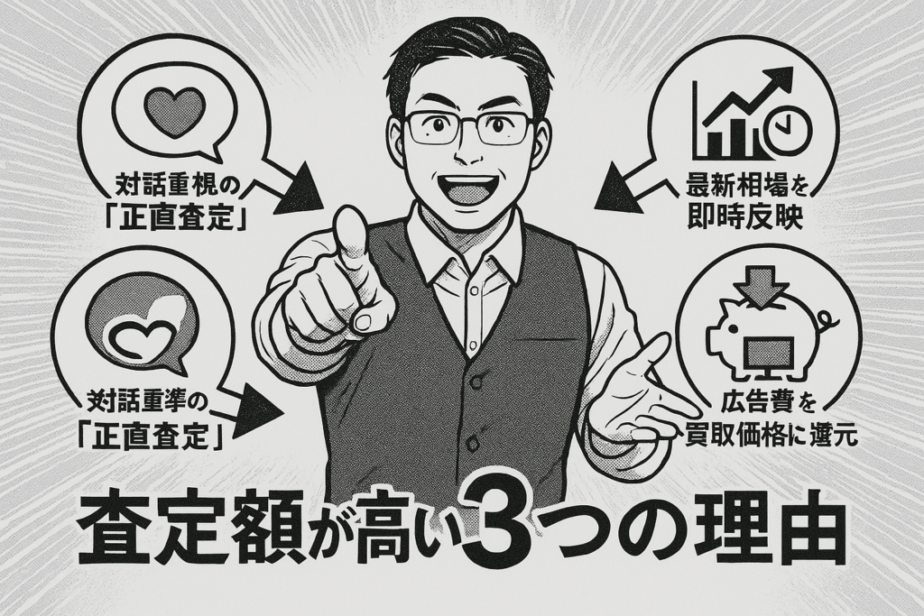 査定額が高い3つの理由を解説するイラスト 対話重視 最新相場反映 広告費還元