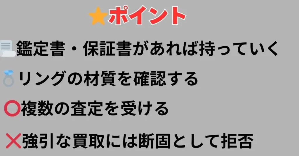 ダイヤモンドの売る時のポイントをリスト化した図解
鑑定書・リングの材質・相見積もりについて箇条書き