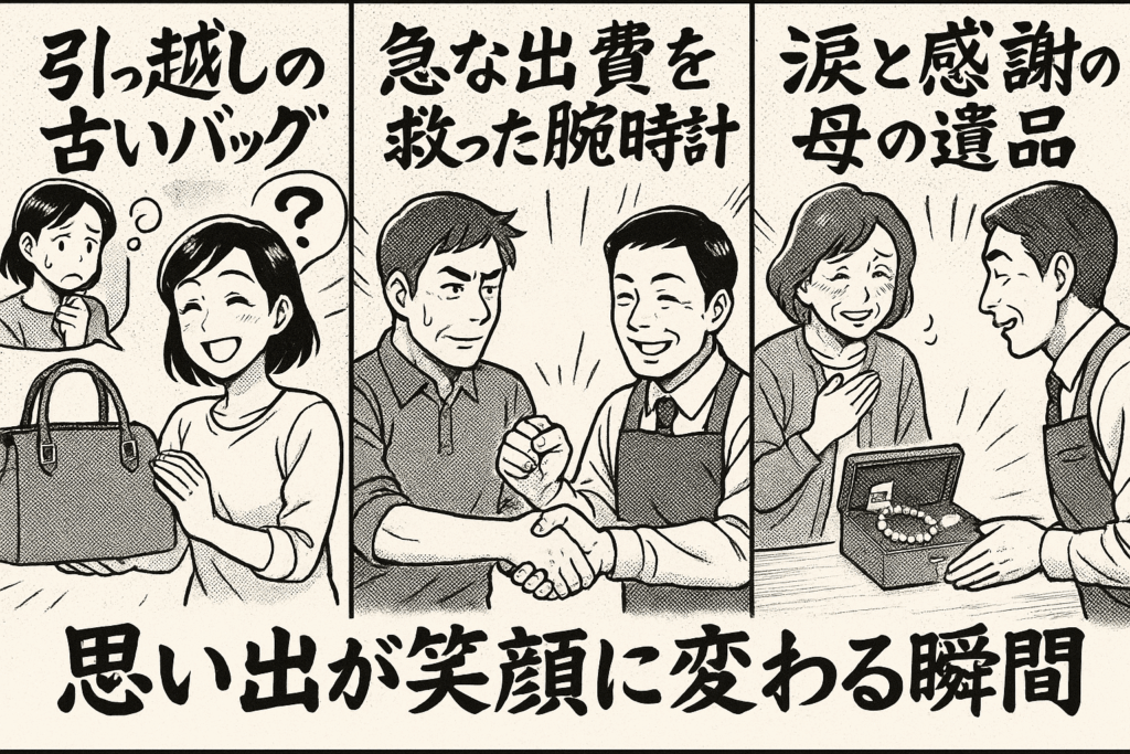 古いバッグや腕時計や母の遺品を売って笑顔になる人々のイラスト