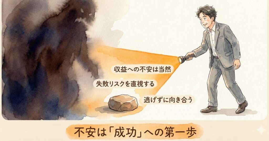 不安は成功への第一歩と書かれスーツ姿の男性が懐中電灯で黒い影を照らし収益への不安や失敗リスクを直視して逃げずに向き合うと示しているイラスト