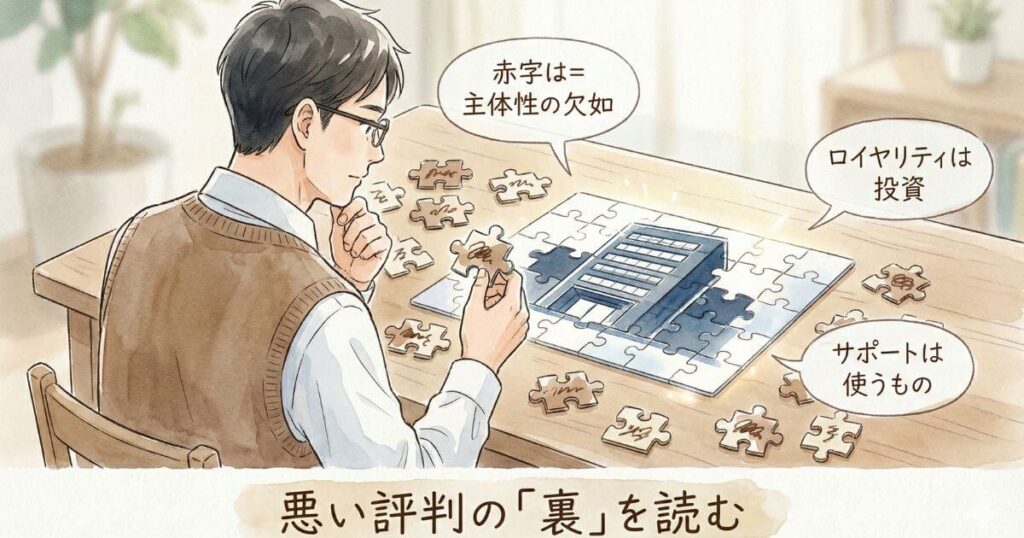 悪い評判の裏を読むという文字とともに会社の建物のパズルを組む男性と赤字は主体性の欠如やロイヤリティは投資やサポートは使うものという吹き出し