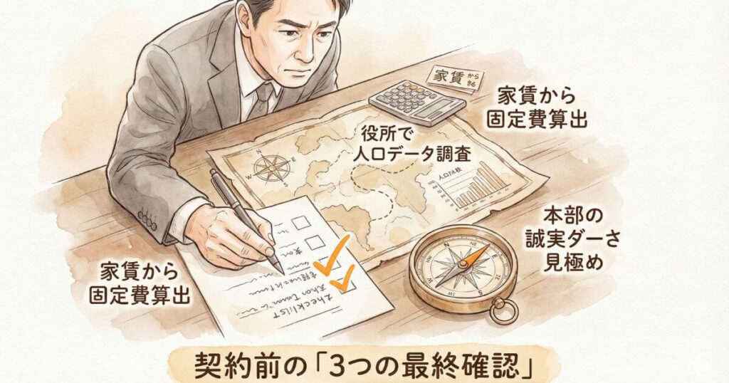 契約前の3つの最終確認として家賃から固定費算出と役所で人口データ調査および本部の誠実さ見極めを行っているスーツ姿の男性のイラスト