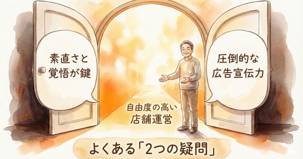 よくある2つの疑問という見出しのもと素直さと覚悟が鍵や圧倒的な広告宣伝力という文字が書かれた扉を開き自由度の高い店舗運営へと導く男性のイラスト