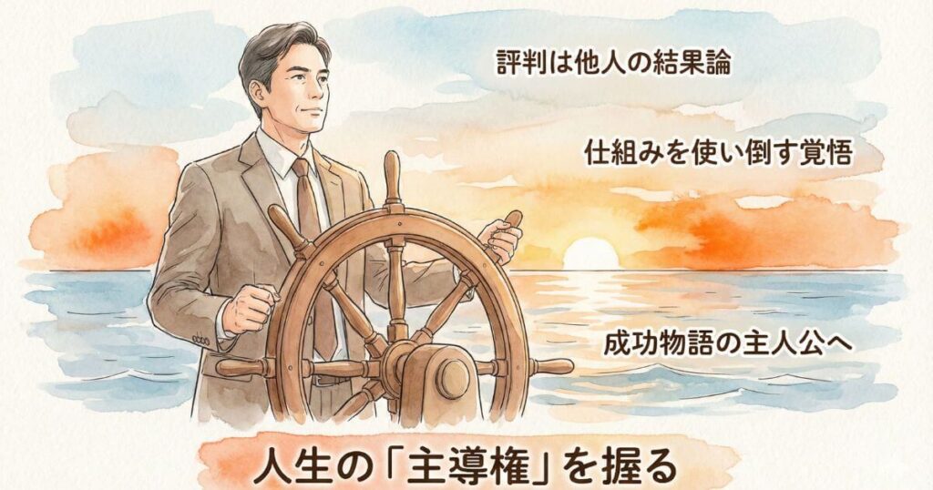 人生の主導権を握るという言葉と朝日の昇る海で船の舵を握るスーツ姿の男性