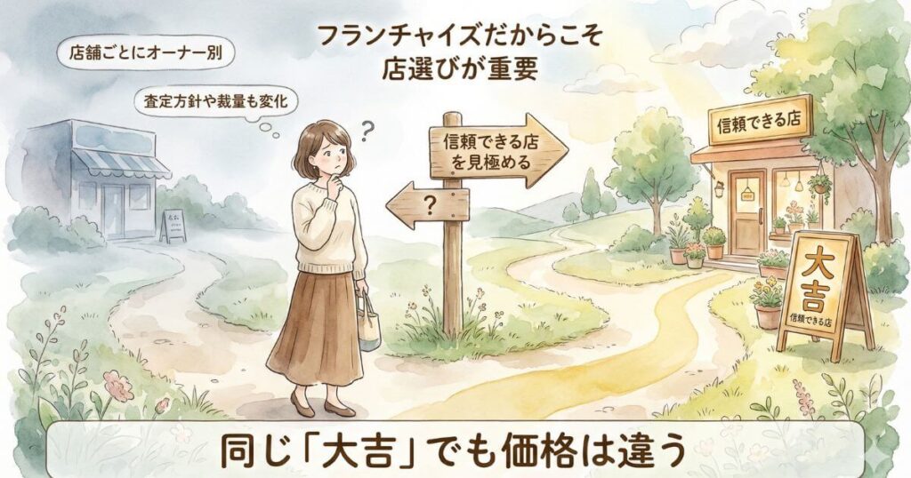 フランチャイズだからこそ店選びが重要で同じ大吉でも価格は違うことを説明する分かれ道に立つ女性と店舗のイラスト