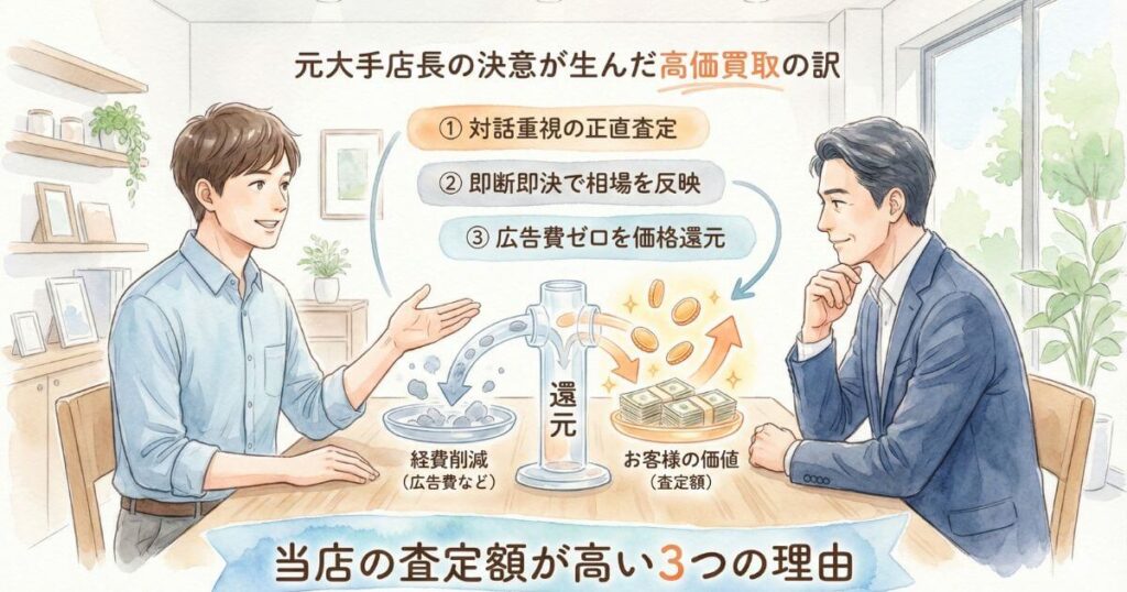 元大手店長の決意が生んだ高価買取の訳として当店の査定額が高い3つの理由である対話重視の正直査定と即断即決で相場を反映することおよび広告費削減分を価格還元する仕組みを解説したイラスト