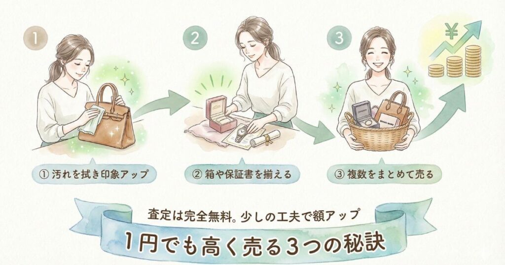 1円でも高く売る3つの秘訣として汚れを拭き印象アップすることや箱や保証書を揃えることや複数をまとめて売ることを紹介したイラスト