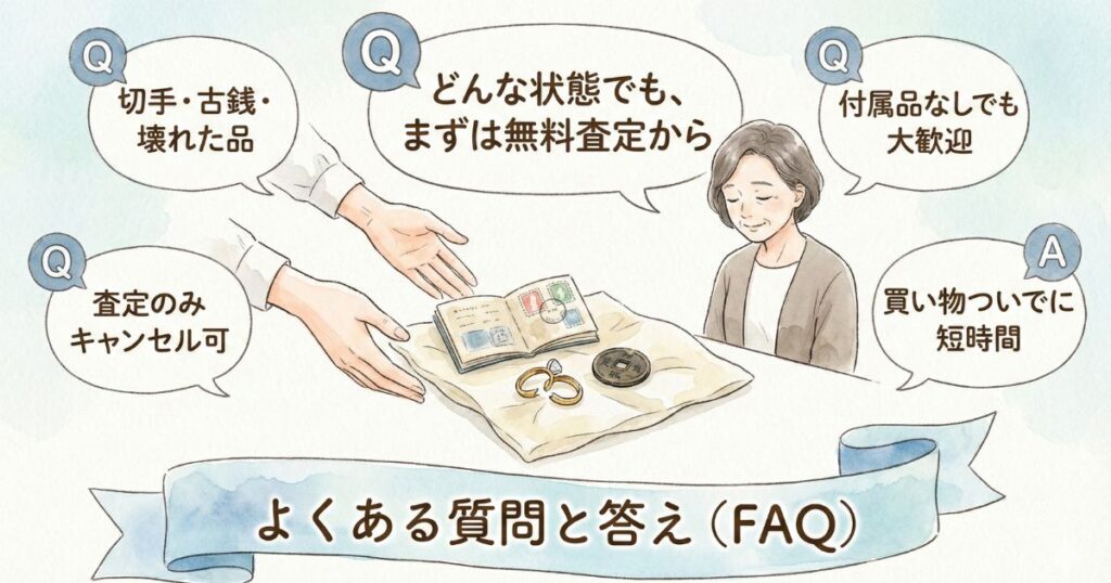 よくある質問と答え 切手や古銭や壊れた品などどんな状態でもまずは無料査定から対応し付属品なしでも大歓迎 査定のみキャンセル可能で買い物ついでに短時間で利用できる