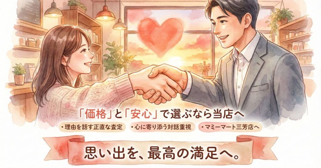 笑顔で握手する男女のイラストとともに価格と安心で選ぶなら当店へと記されたマミーマート三芳店の広告 理由を話す正直な査定や心に寄り添う対話重視で思い出を最高の満足へ