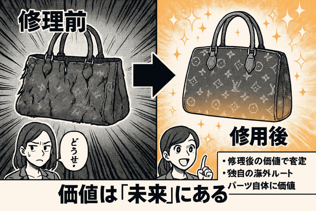 ボロボロになったバッグが修理で綺麗になり女性が喜ぶイラスト