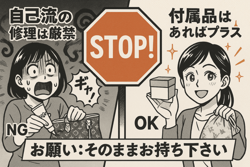 バッグを自分で修理して失敗しそうな女性と箱などの付属品を持って笑顔の女性