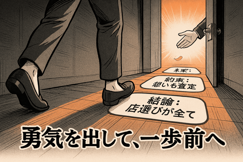 スーツ姿の人が店選びが全てと書かれたプレートを踏み越え光の差すドアへ向かうイラスト