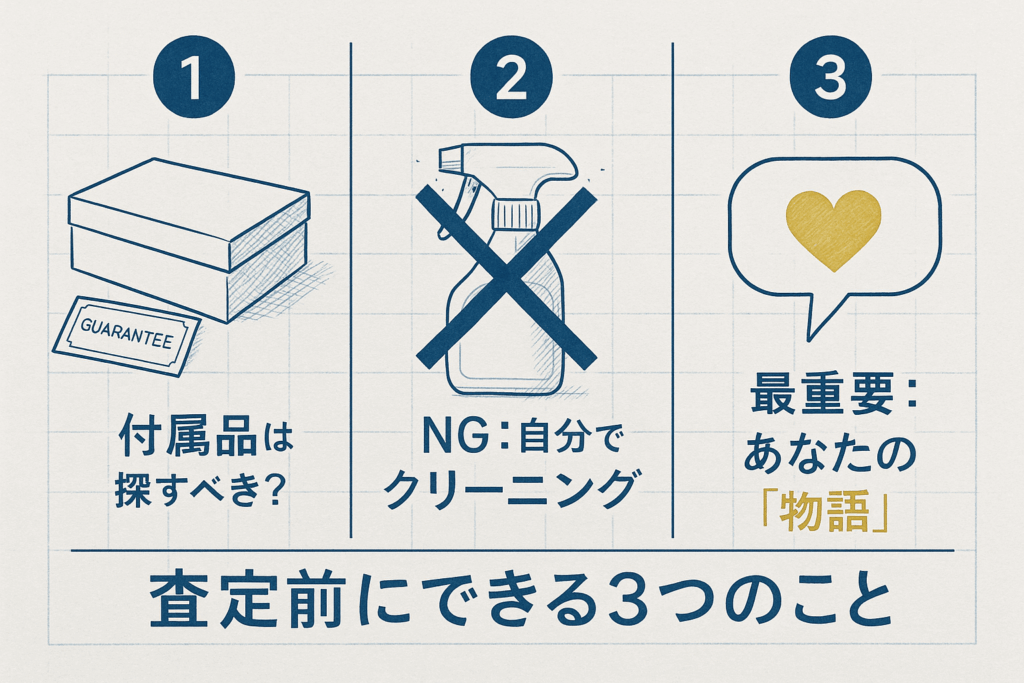 査定前にできる3つのことを示すイラスト 付属品の準備 自分で掃除しないこと 品物の思い出を伝えること