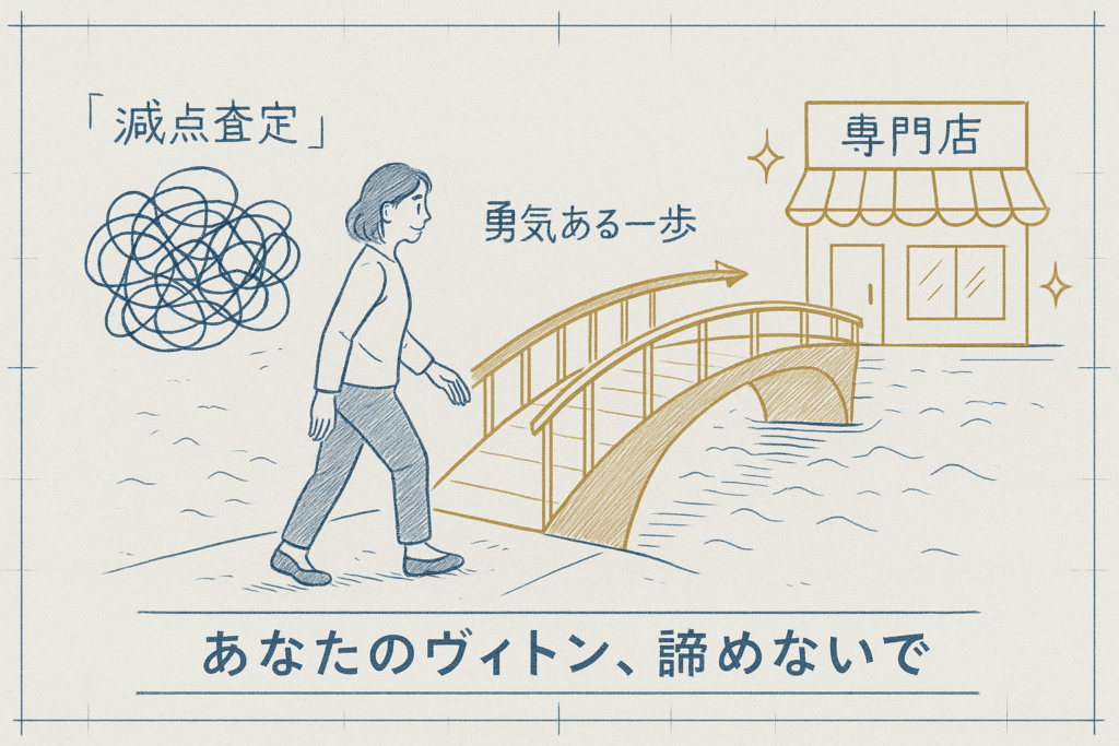 減点査定に悩む女性が勇気を出して橋を渡り専門店へ向かうイラスト