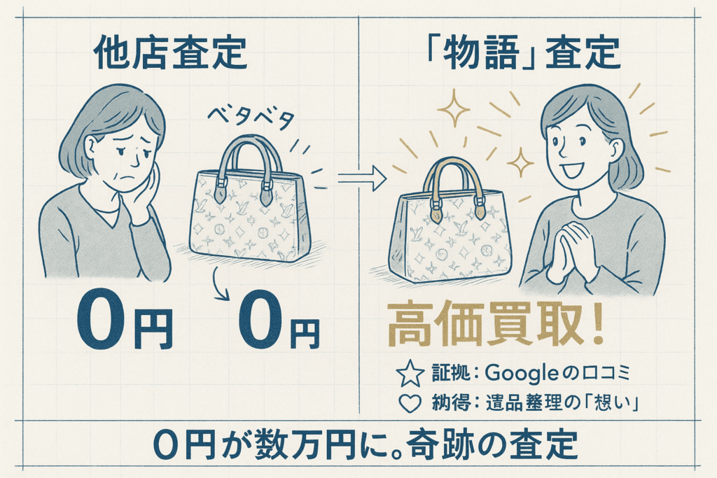 他店で0円と査定されたベタベタのバッグが物語査定で高価買取になり女性が喜ぶ様子