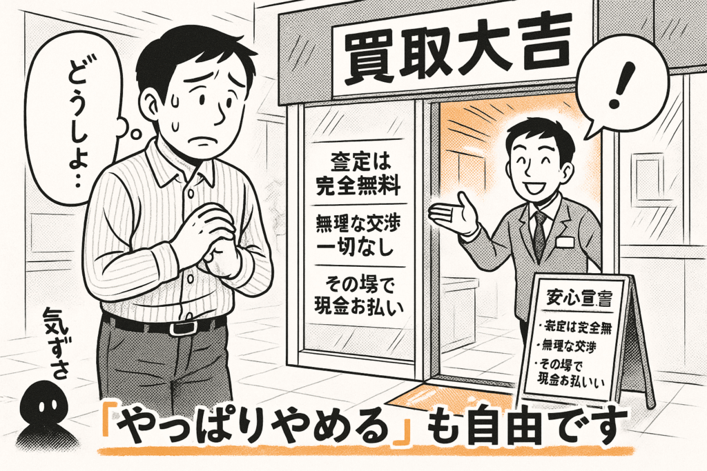 買取店の前で入店をためらう男性を笑顔の店員が迎えている様子